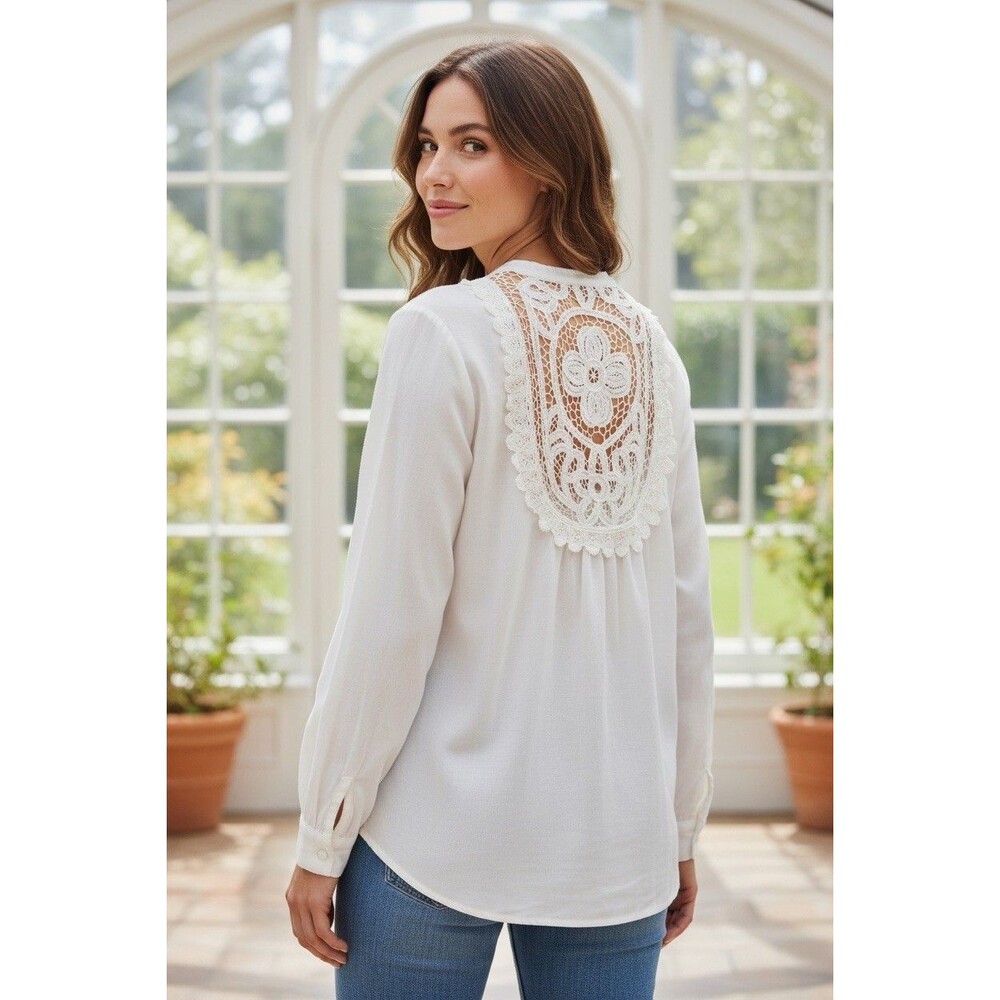 Holding Horses Anthropologie White 100% Tencel Lace Back Button Front Blouse S